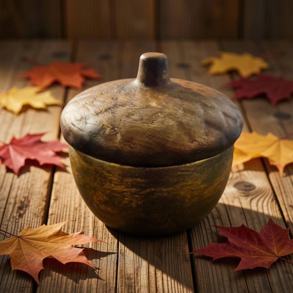 Upcycled Ceramic Acorn Trinket Dish | Bronze Fall Decor | Lidded Stash Jar
